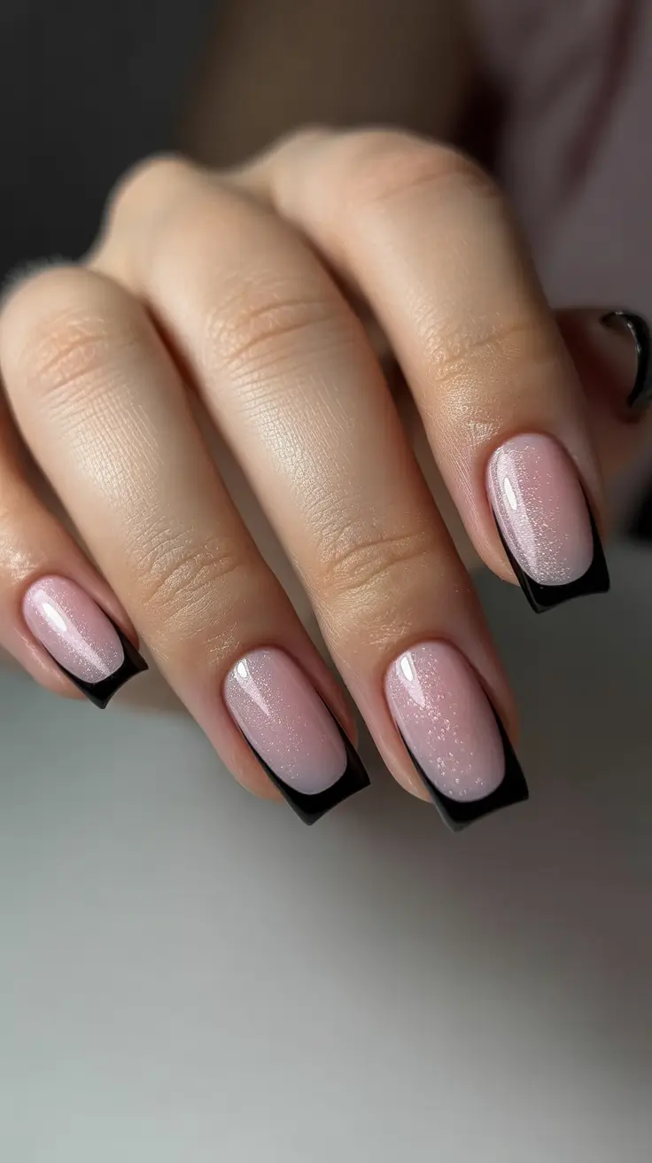 stylish French nails 2026 Shimmer-Pink Square French With a Soft-Black Edge