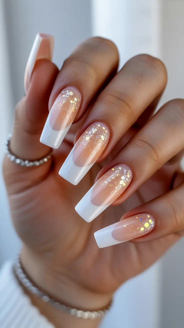 stylish French nails 2026 Glitter-Soft White French With a Celebratory Glow