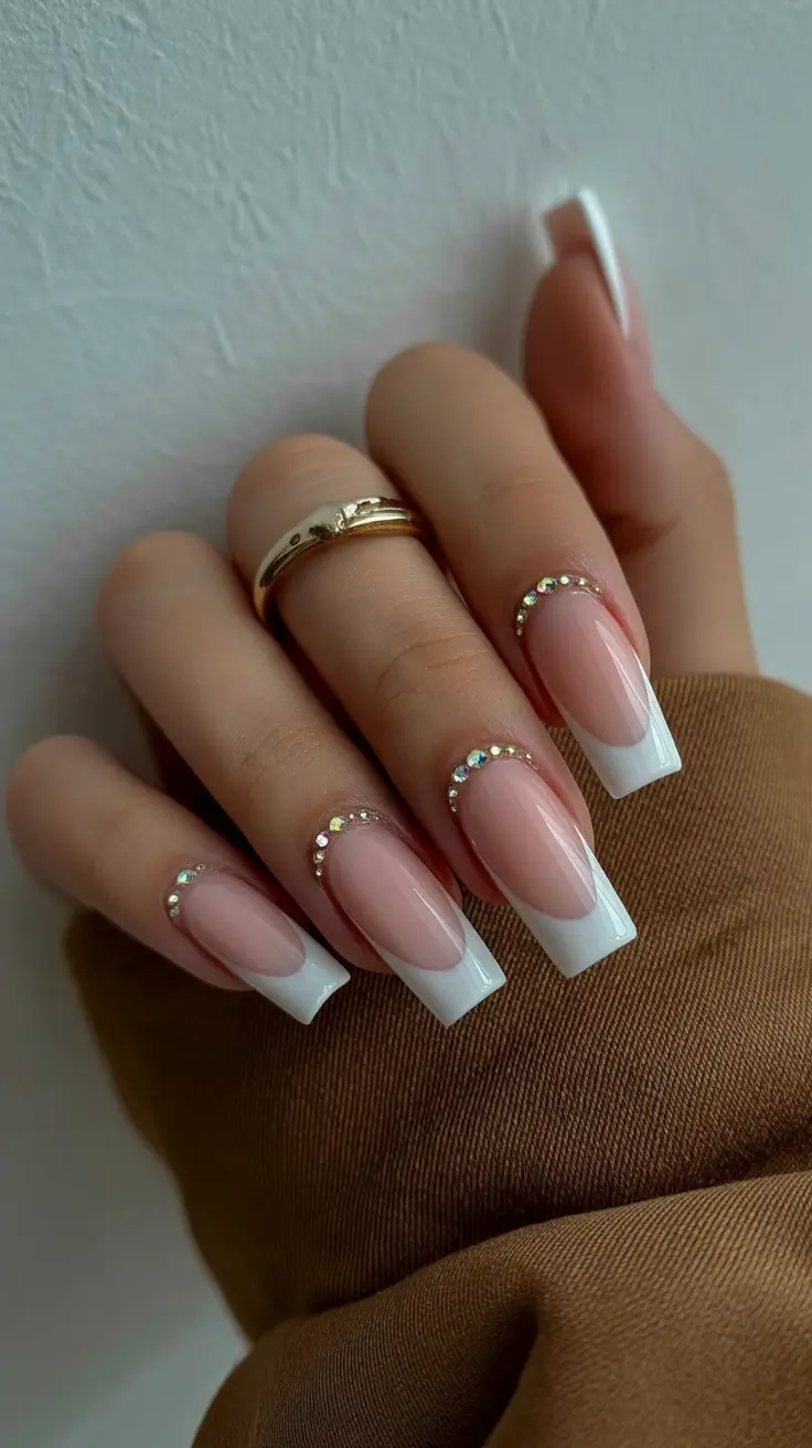 stylish French nails 2026 Rhinestone-Lined White French for Soft Glam 2026