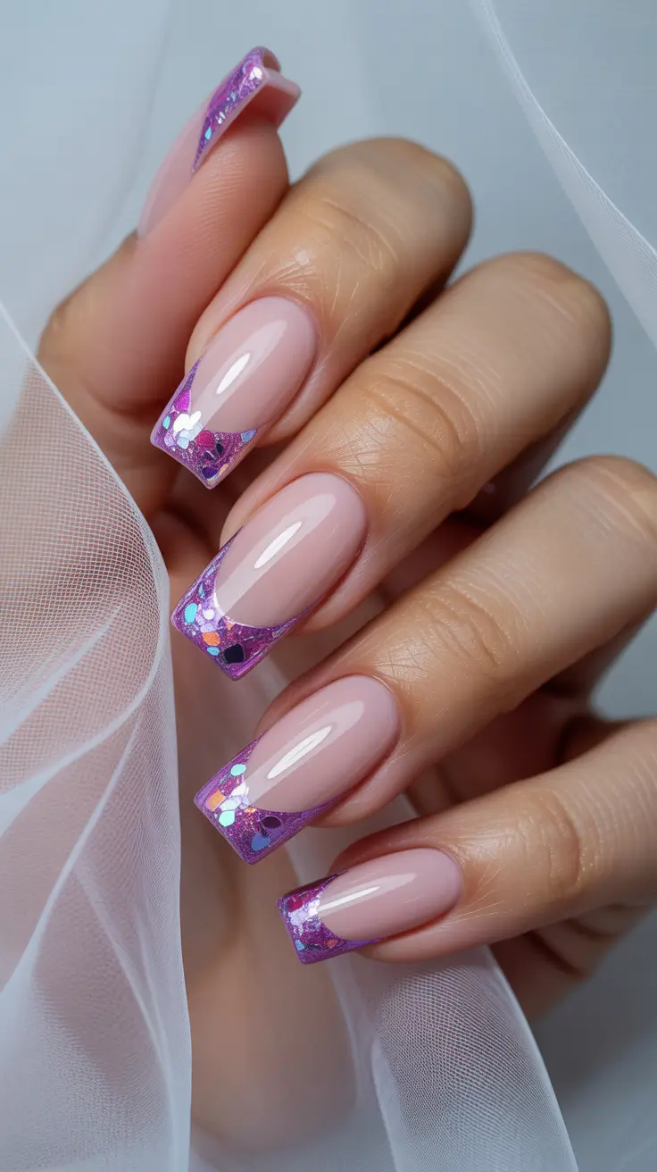 stylish French nails 2026 Purple Glitter French With Party-Ready Personality