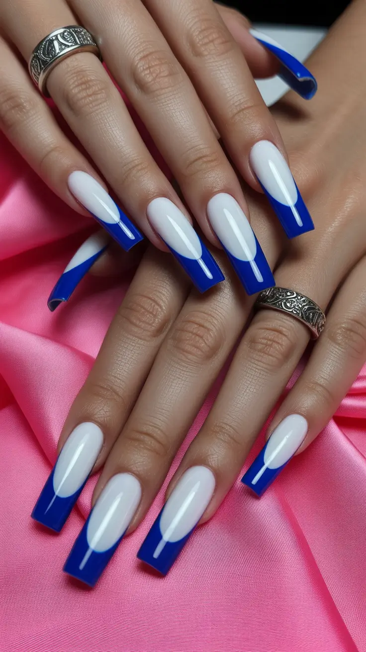 stylish French nails 2026 Bold Blue Square French With Crisp White Base