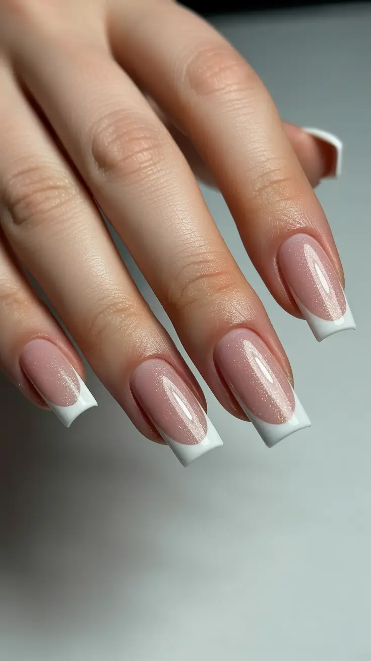 stylish French nails 2026 Glossy White French With Subtle Sparkle