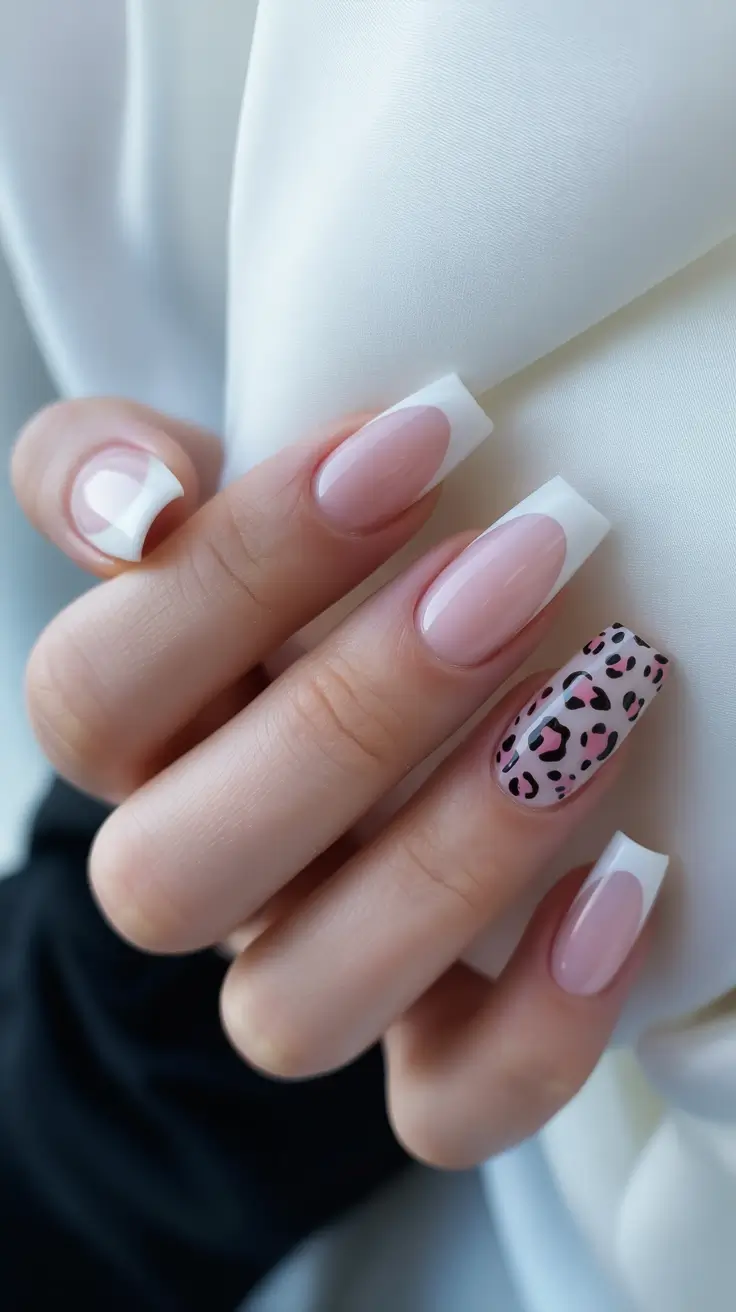 stylish French nails 2026 Soft French With a Leopard Accent Twist