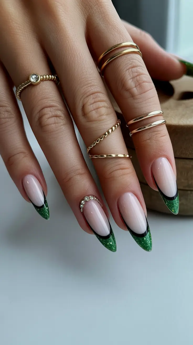 stylish French nails 2026 Green Glitter Almond French With Dramatic Contrast