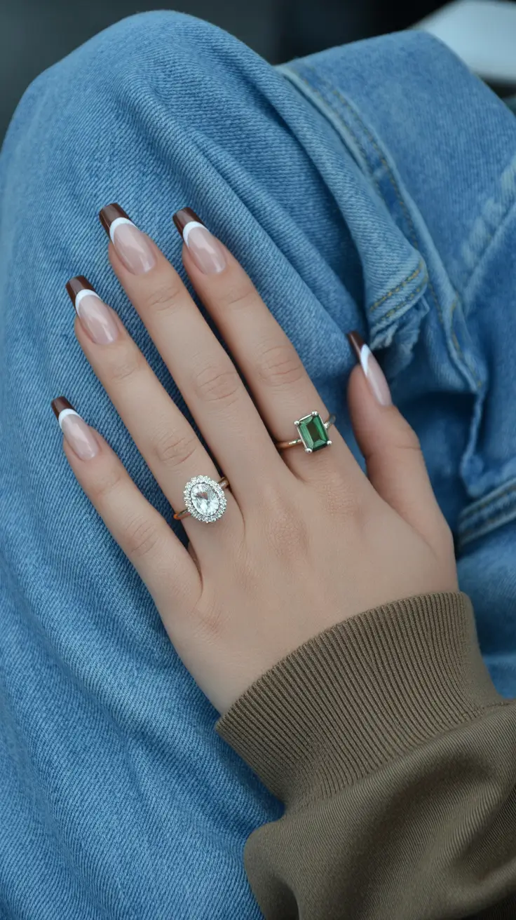 stylish French nails 2026 Chocolate Brown & White Double French for Soft 2026 Sophistication