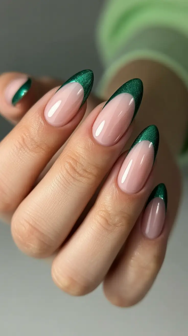 stylish French nails 2026 Emerald Almond French for a Sleek Summer Mood