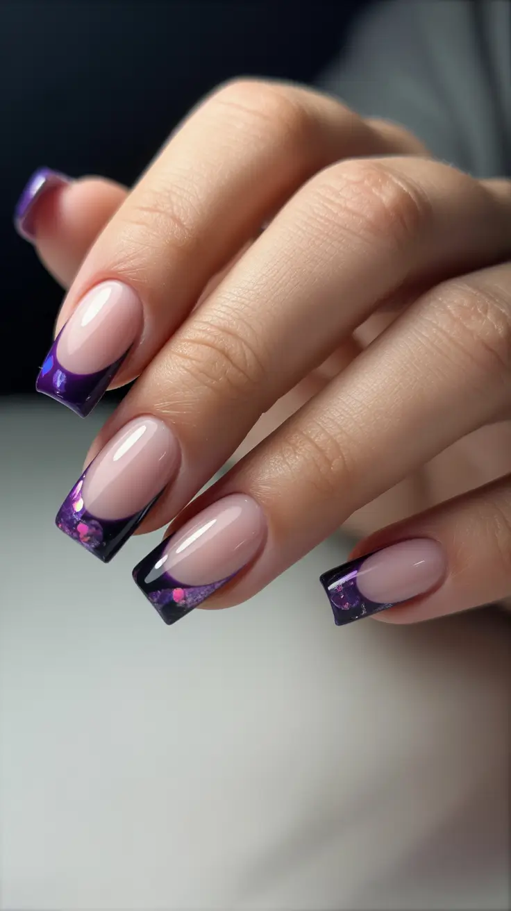 stylish French nails 2026 Violet Square French With Holographic Depth