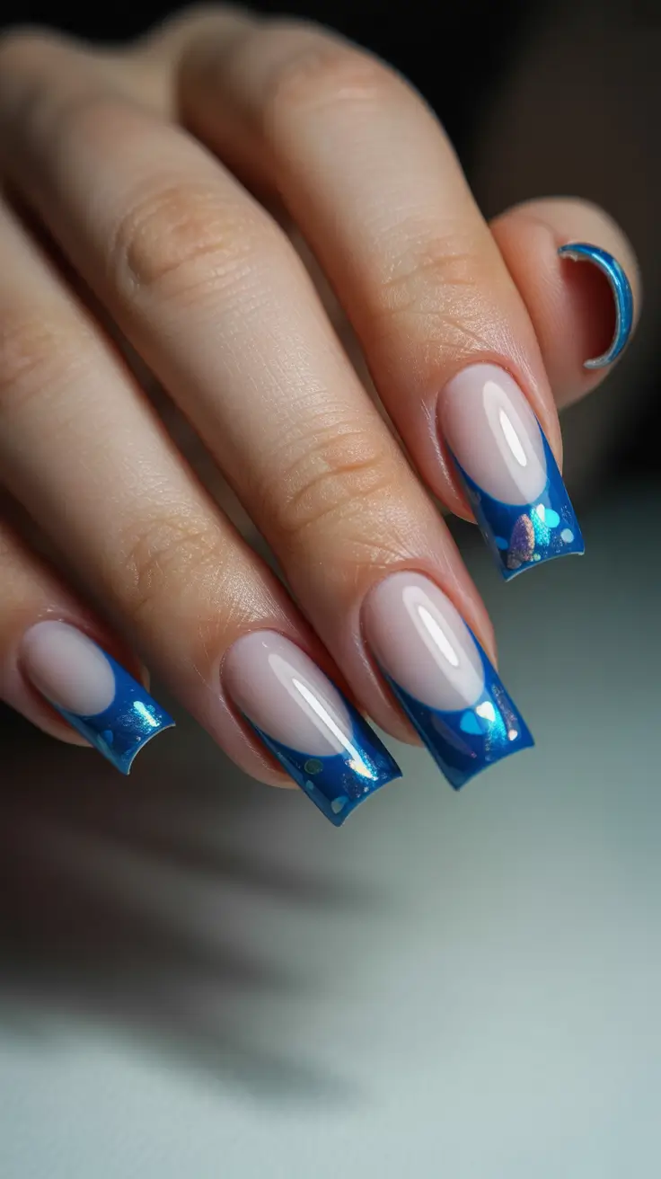 stylish French nails 2026 Ocean-Blue Chrome French With Playful Accents