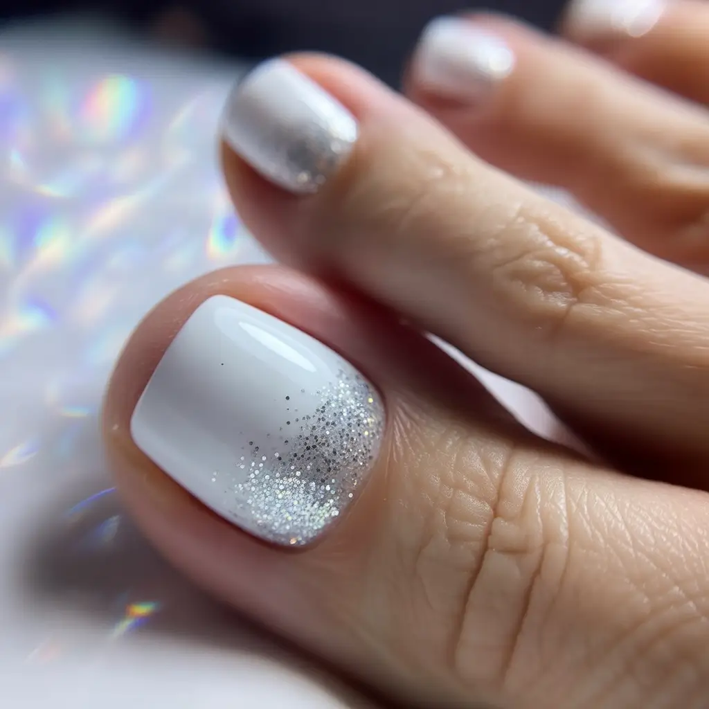 toe nails ideas 2026 Frosted White With Stardust Fade