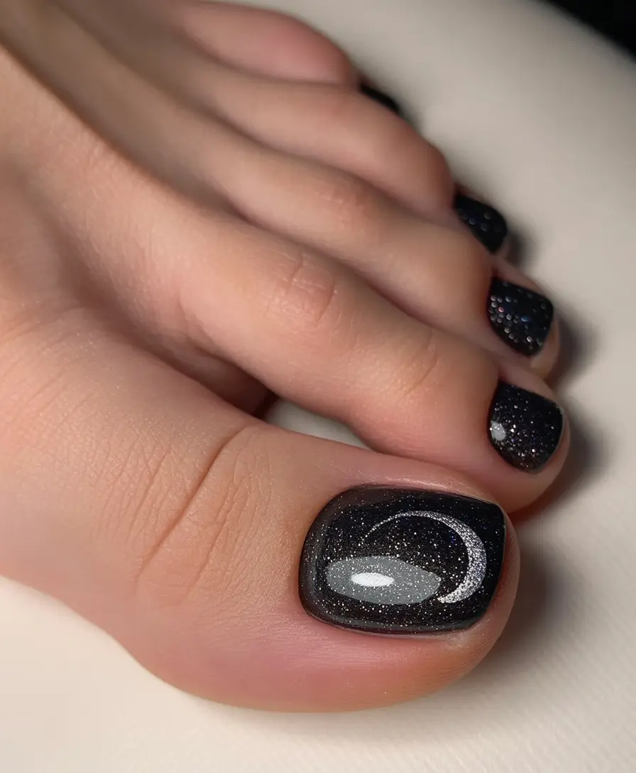 toe nails ideas 2026 Cosmic Black Sparkle