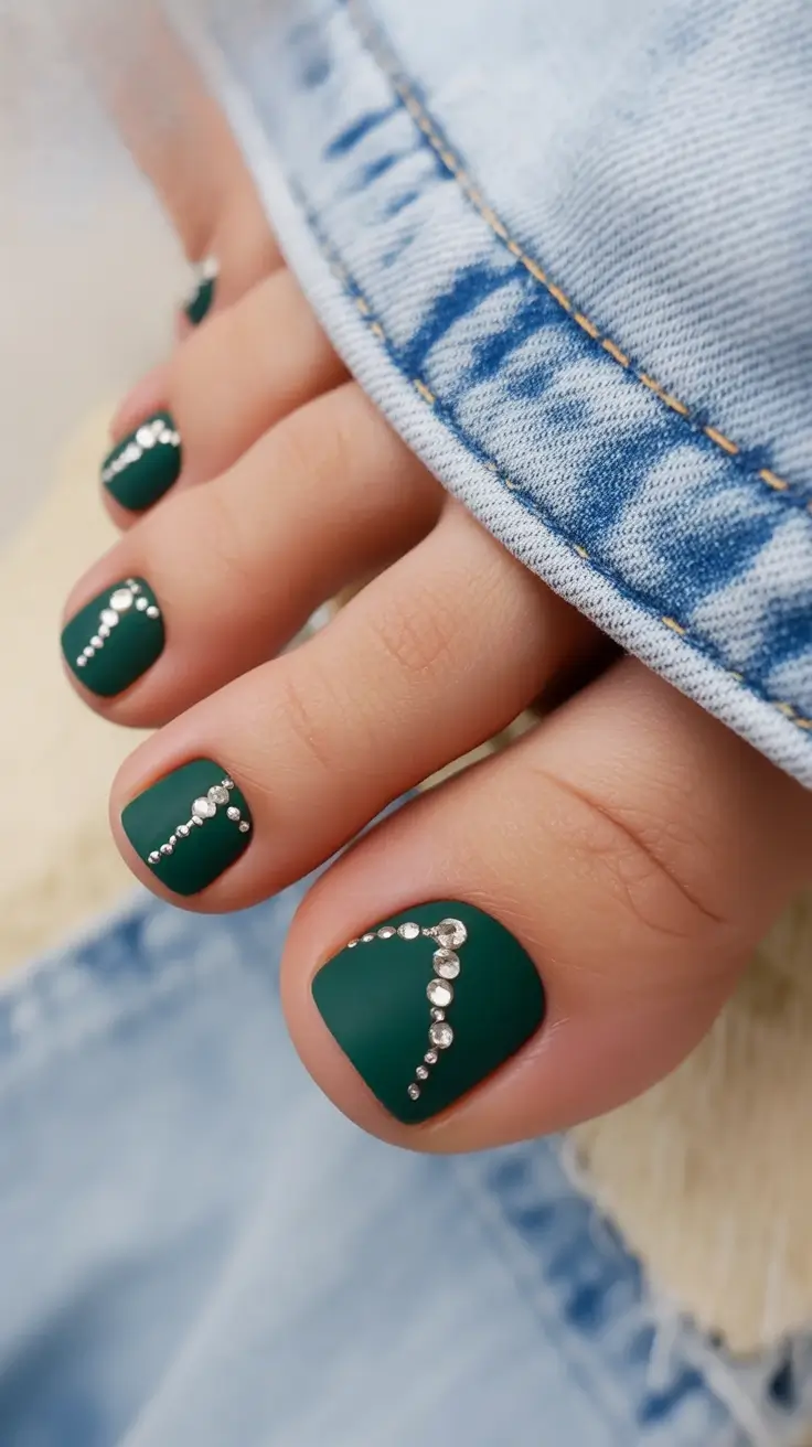 toe nails ideas 2026 Deep Green With Crystal Detailing