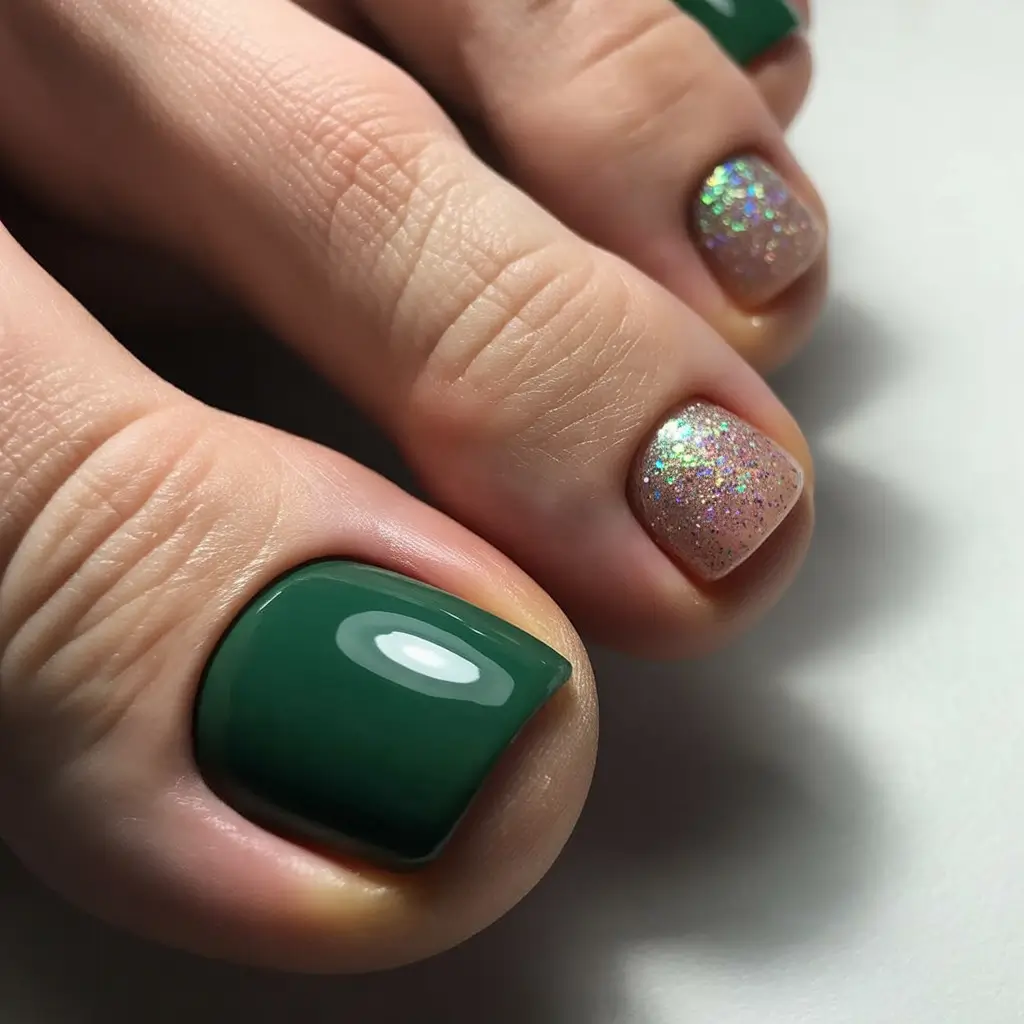 toe nails ideas 2026 Emerald Shine With Glitter Contrast
