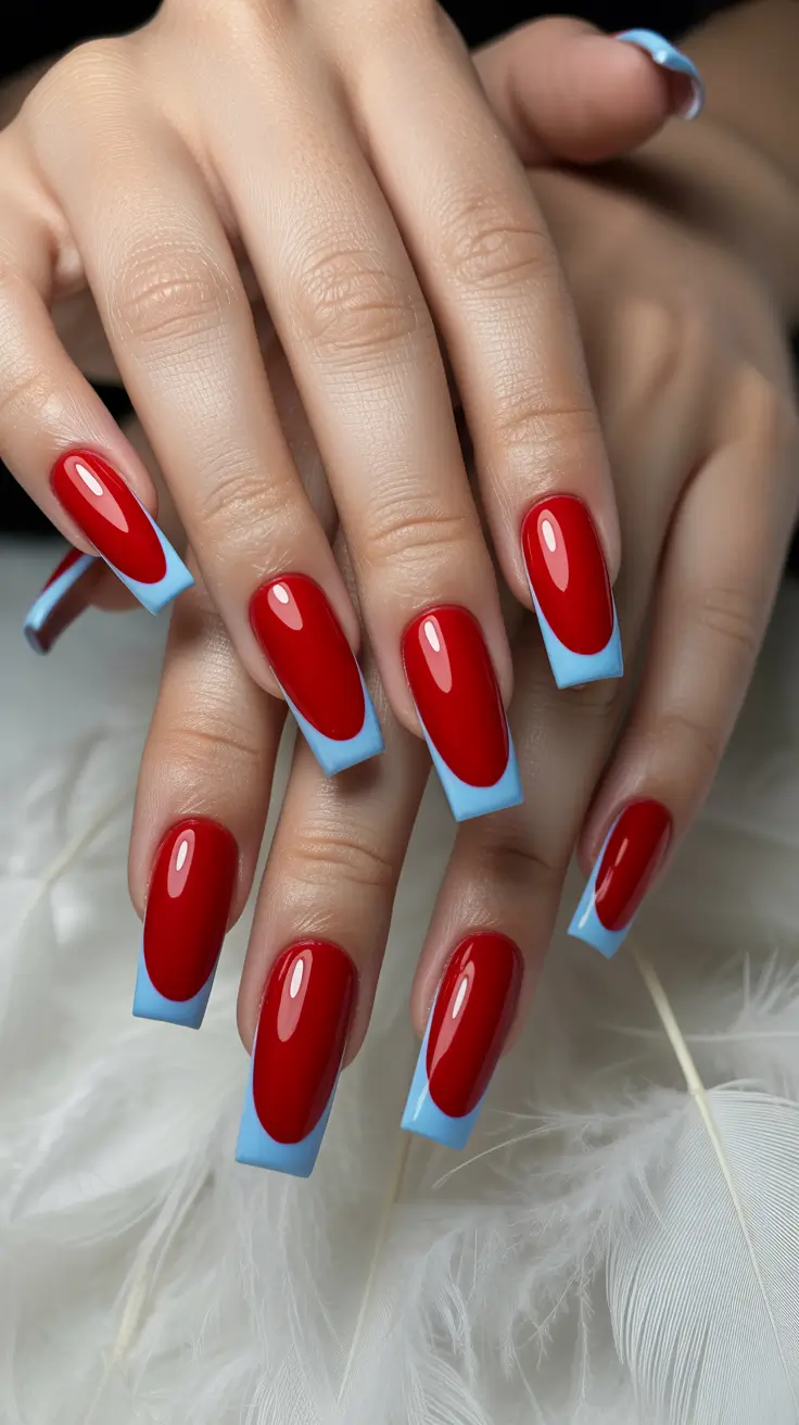 trending nail colors 2026 Red & Baby Blue Fusion French