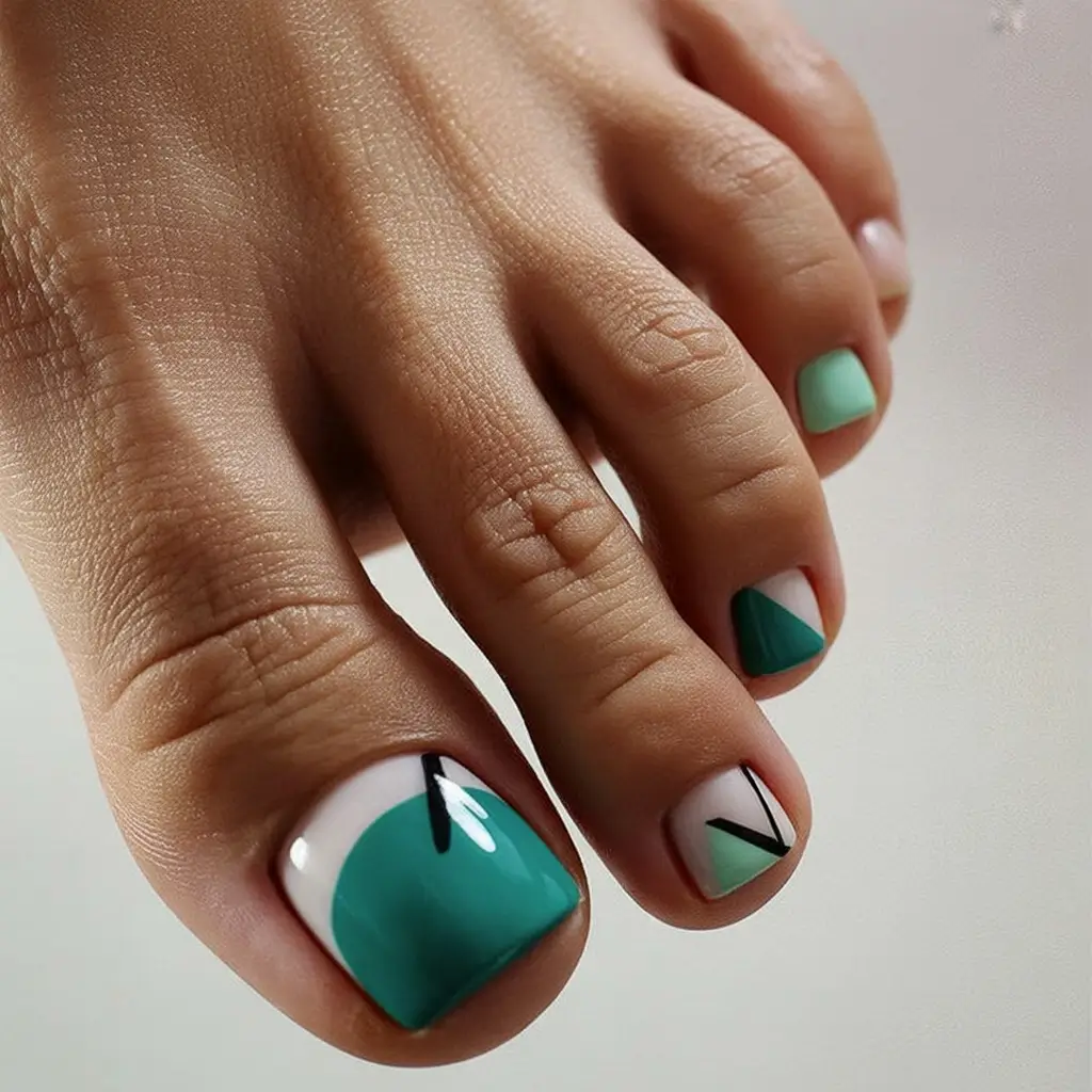 trending pedicure nails colors 2026 Mint & Teal Geometric Glow