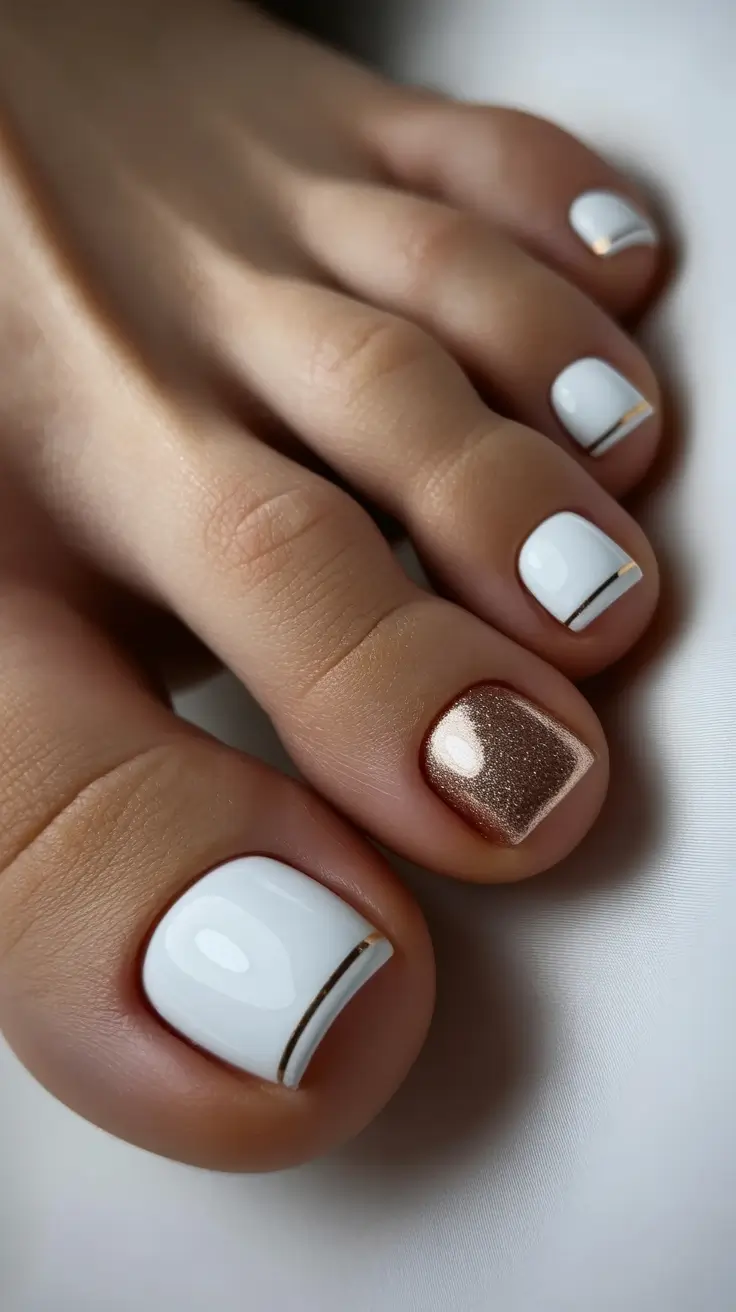 trending pedicure nails colors 2026 White Luxe with Rose-Gold Accents