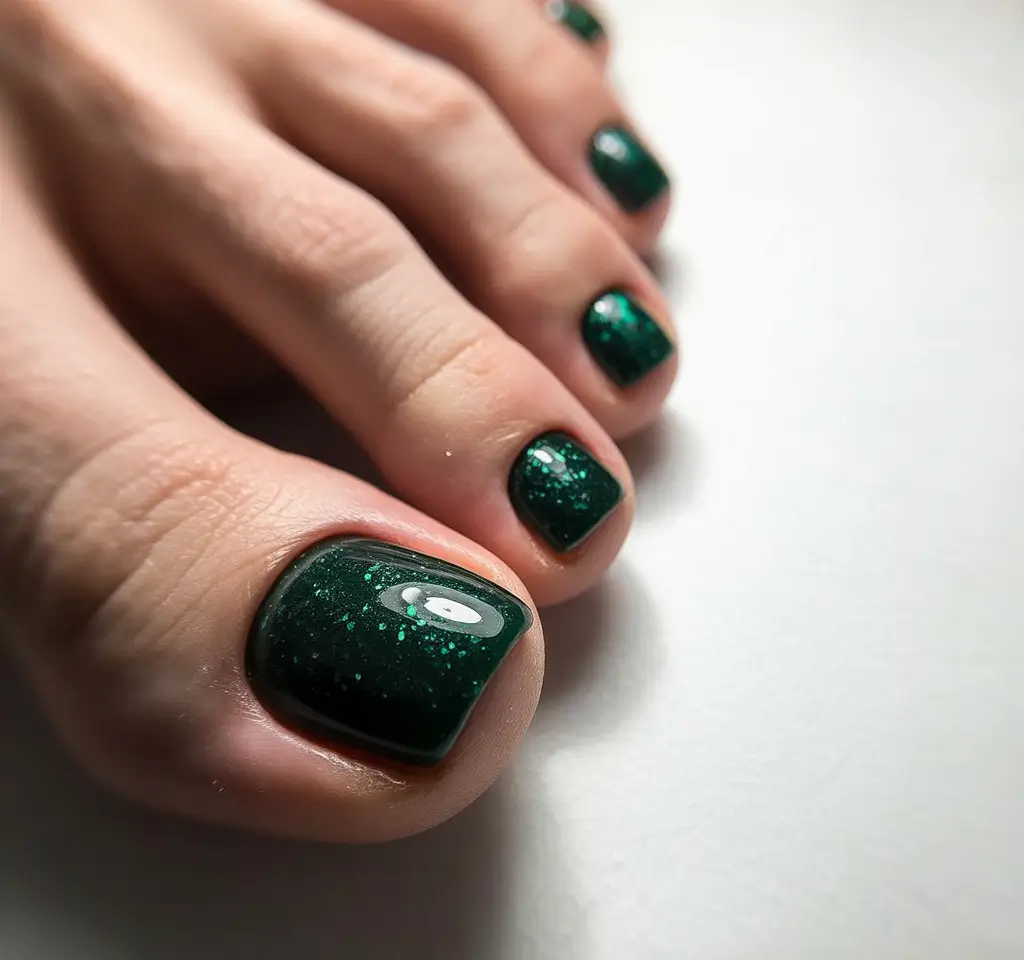 trending pedicure nails colors 2026 Midnight Forest Glitter Depth