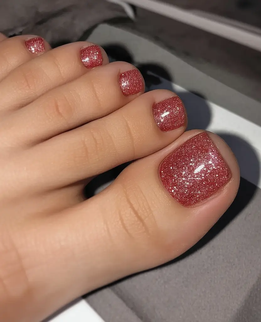 trending pedicure nails colors 2026 Rose Gold Stardust Sparkle