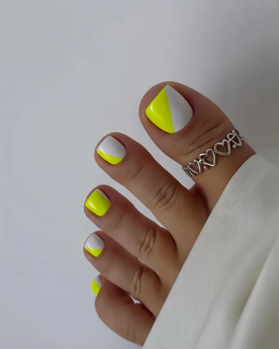 trending pedicure nails colors 2026 Lemon-Lime Color Block Brights