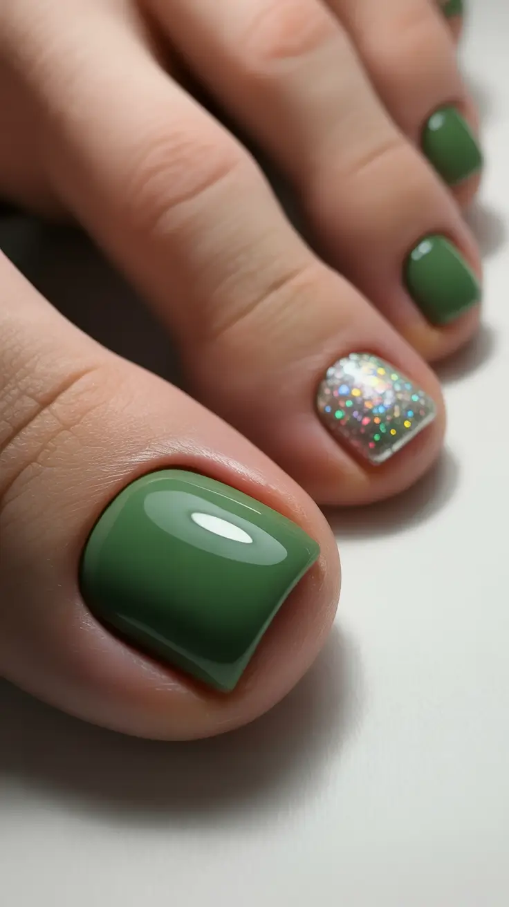 trending pedicure nails colors 2026 Olive Dream with Silver Rainbow Accent