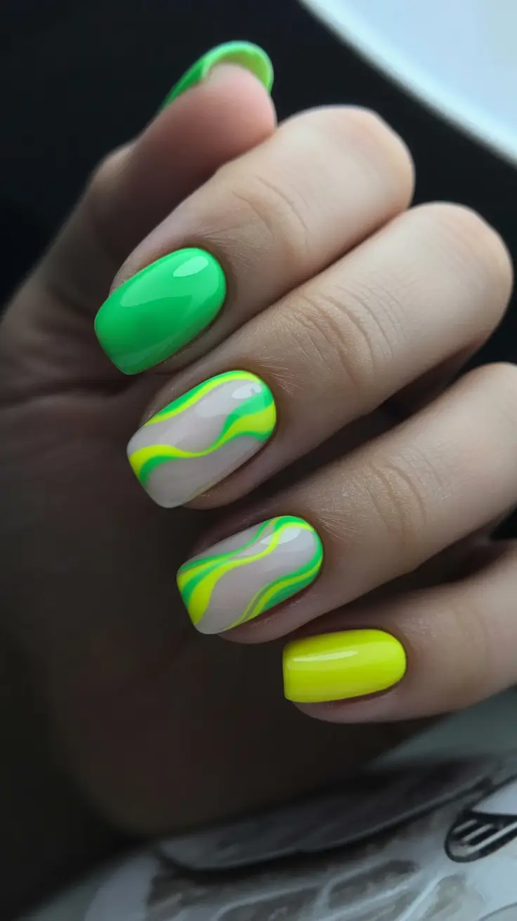 trendy neon nails 2026 Green-Wave Mosaic Mix