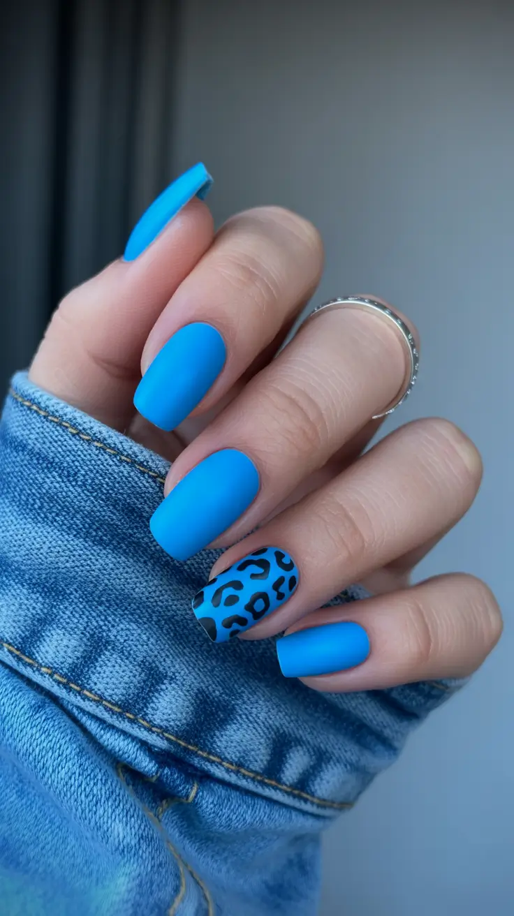 trendy neon nails 2026 Neon Blue Matte with Leopard Accent