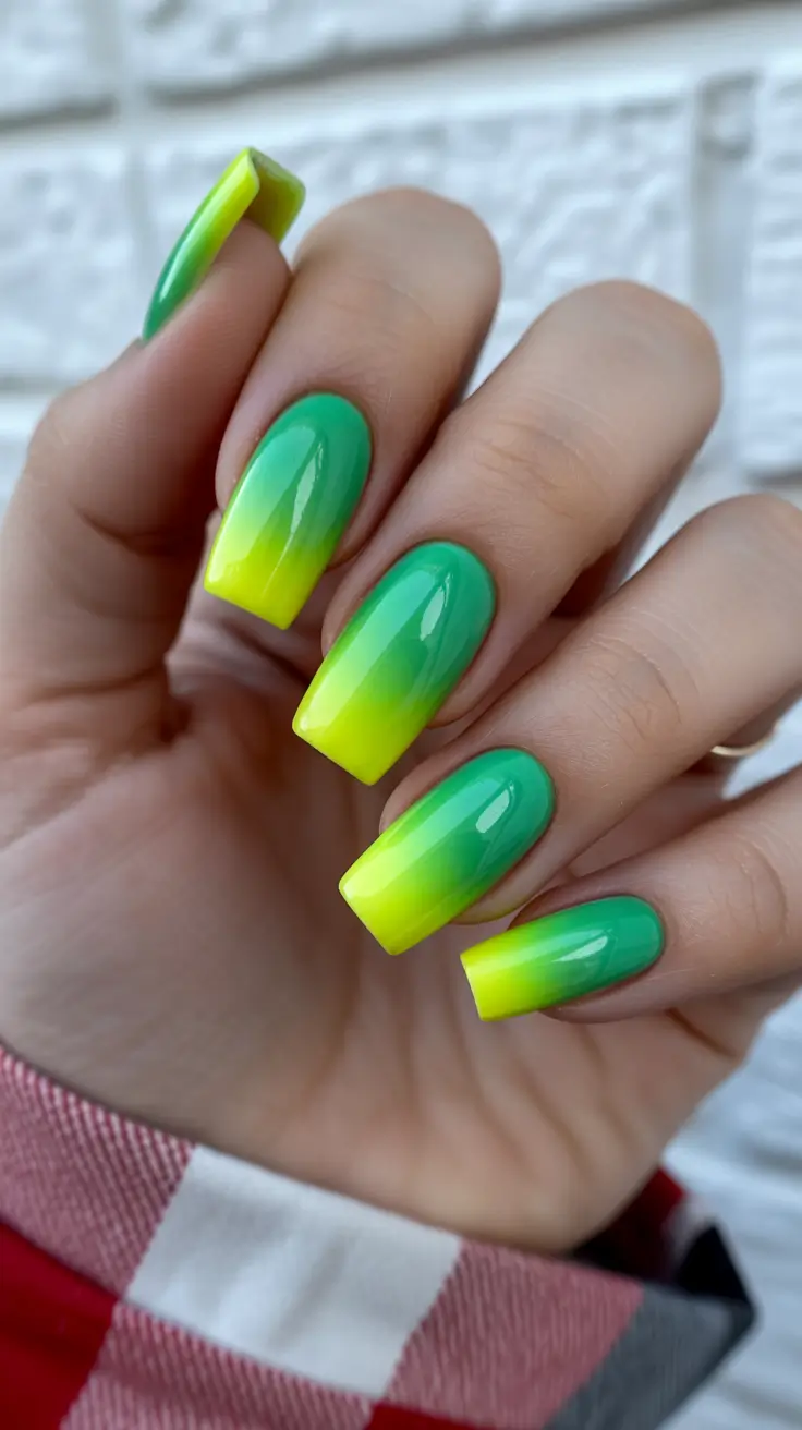 trendy neon nails 2026 Lime-to-Yellow Gradient Squares