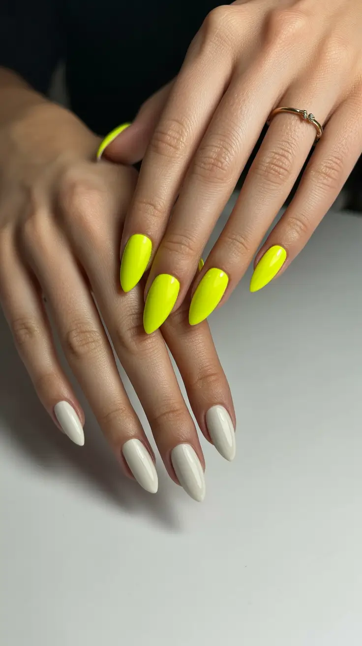 trendy neon nails 2026 Half-Neon Glow Almonds