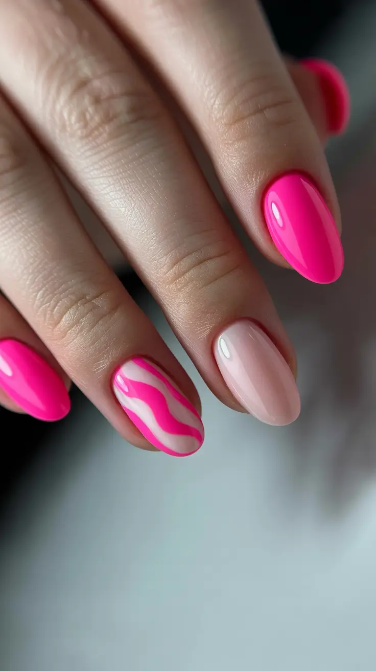 trendy neon nails 2026 Pink Glow with Wavy Accent