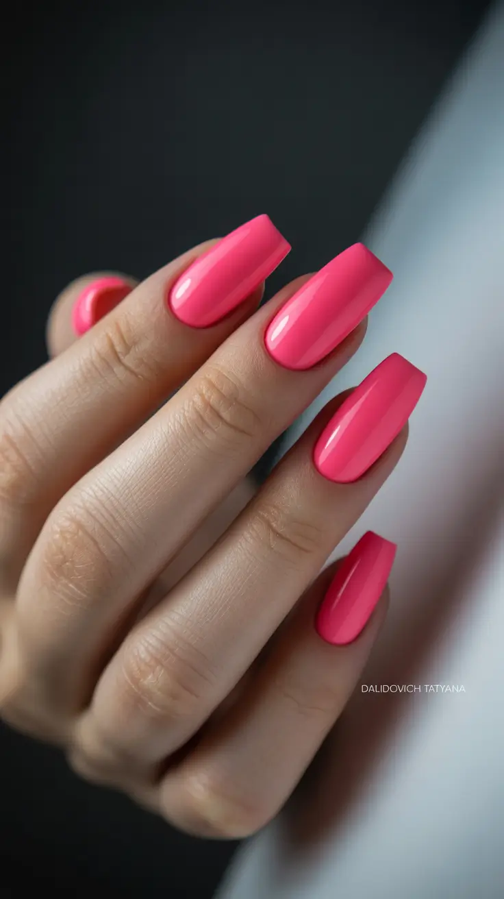 trendy neon nails 2026 Candy-Pink Square Glow