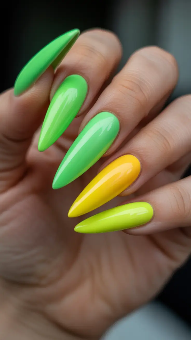 trendy neon nails 2026 Citrus Lime Stiletto Shine