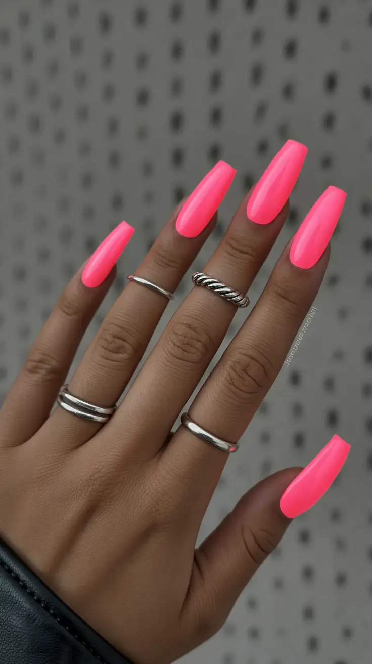 trendy neon nails 2026 Hot Coral Glow Bars