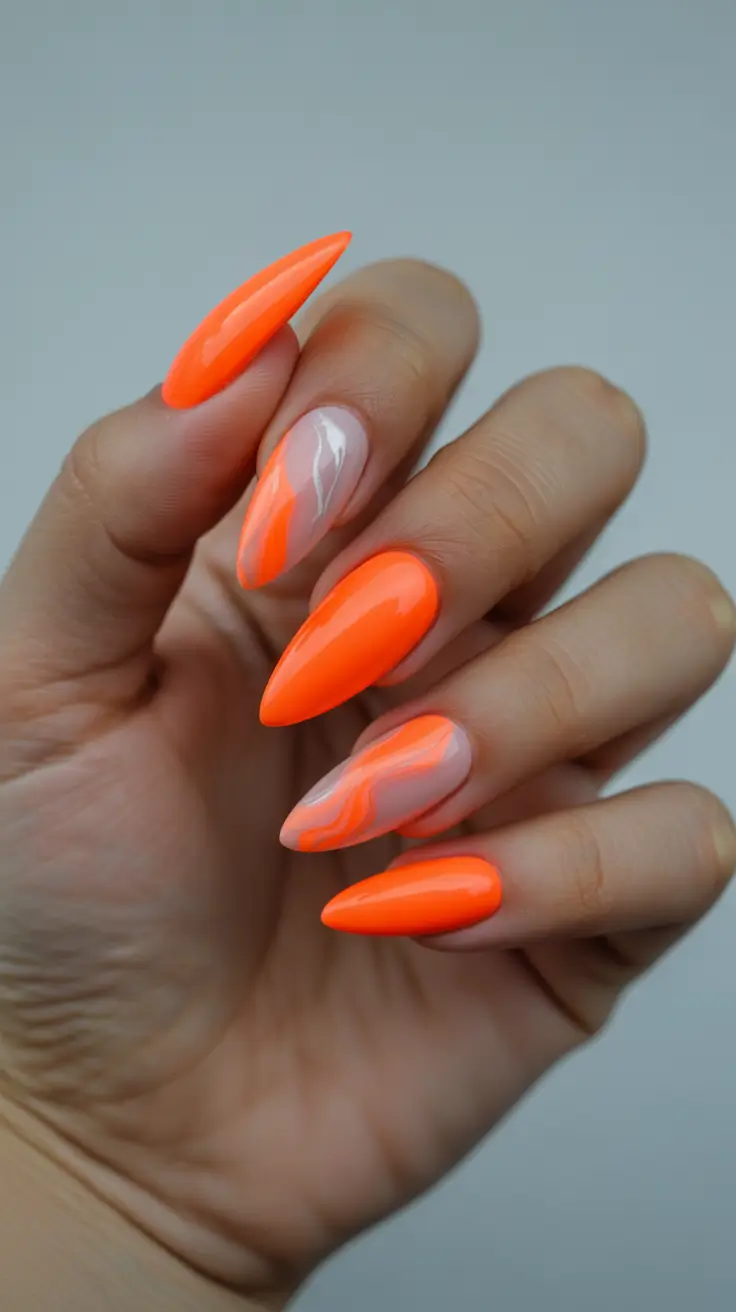 trendy neon nails 2026 Neon Orange Waves on Almond Tips