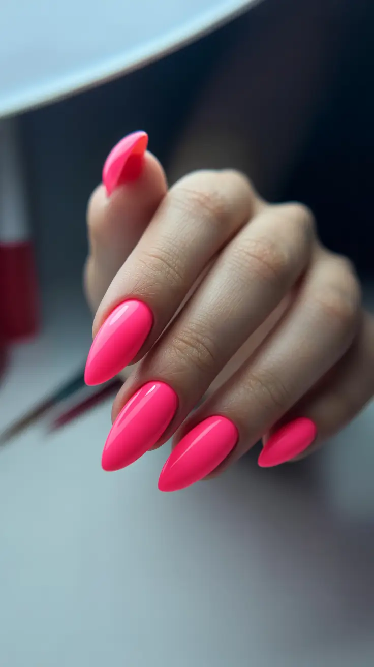 trendy neon nails 2026 High-Voltage Neon Pink Almonds