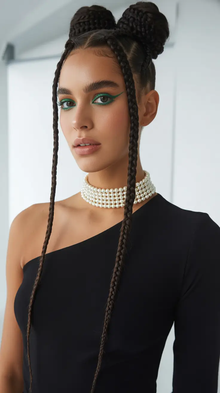 Trendy quick hairstyles 2026 Structured Braided Space Buns with Statement Length