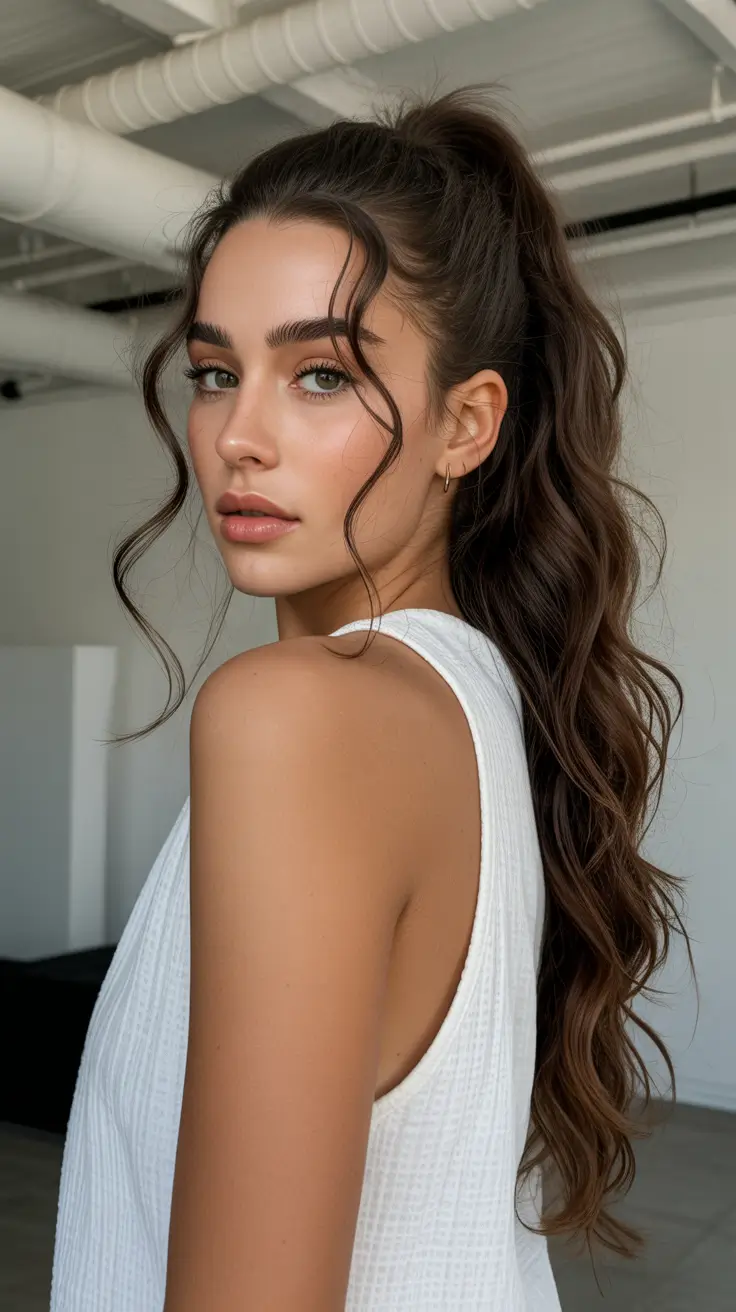 Trendy quick hairstyles 2026 High Curly Ponytail with Airy Face Tendrils