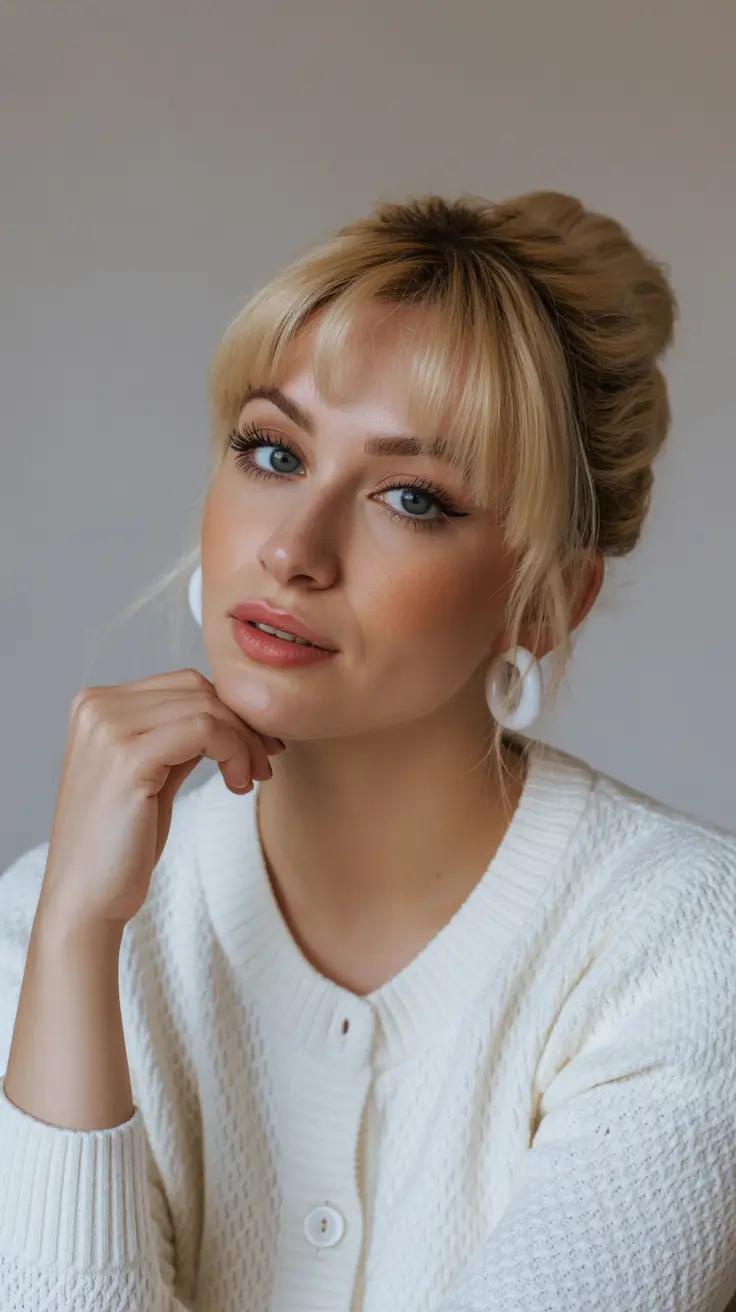 Trendy quick hairstyles 2026 Soft French Twist-Inspired Updo with Curtain Bangs