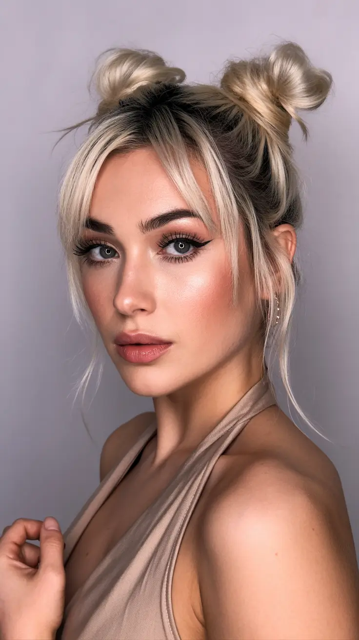 Trendy quick hairstyles 2026 Messy Double Buns with Wispy Fringe