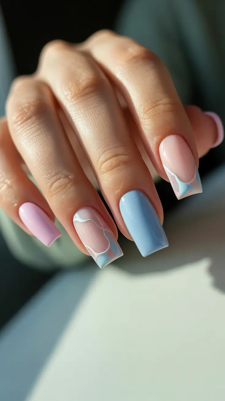 vacation nails trend 2026 Pastel Breeze Square Nails with Cloudy Waves