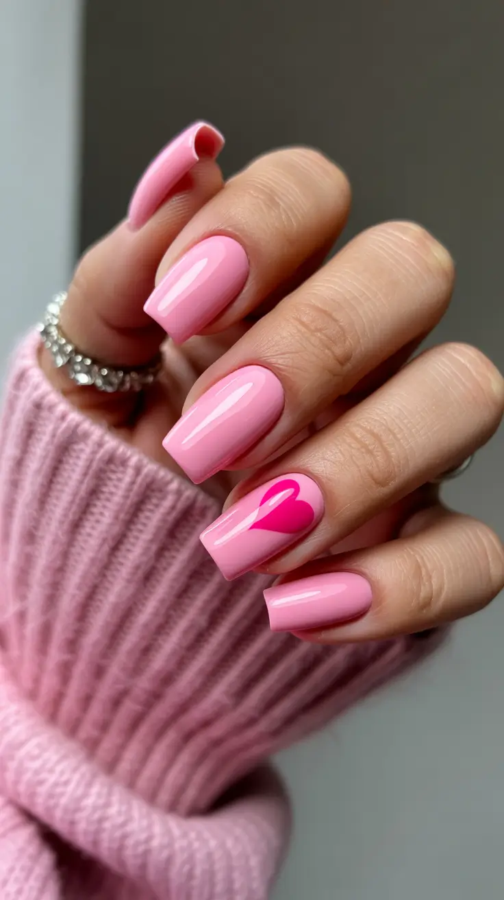 vacation nails trend 2026 Glossy Pink Square Nails with a Minimal Heart Accent