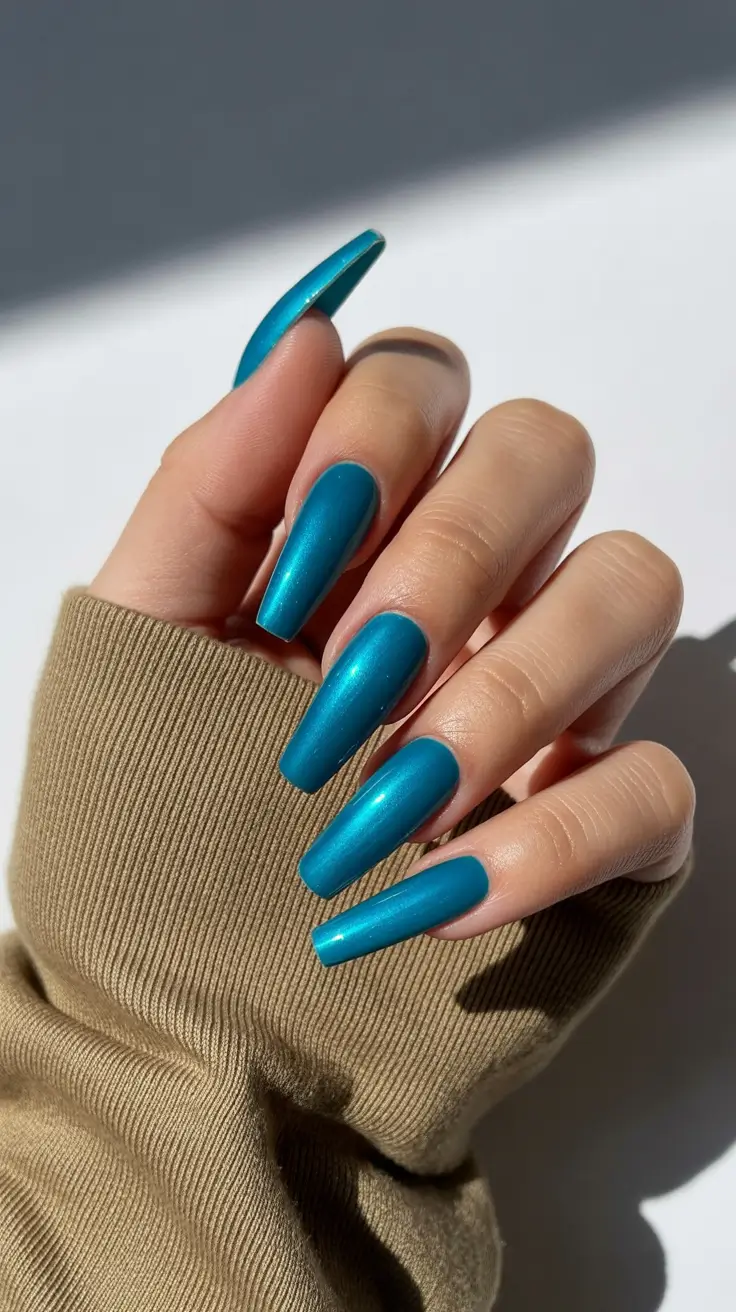 vacation nails trend 2026 Deep Teal Coffin Nails with Ocean-Shine Finish