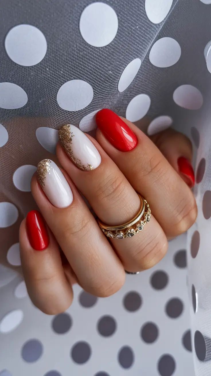 vacation nails trend 2026 Red & Gold Almond Nails for Classic Vacation Glamour