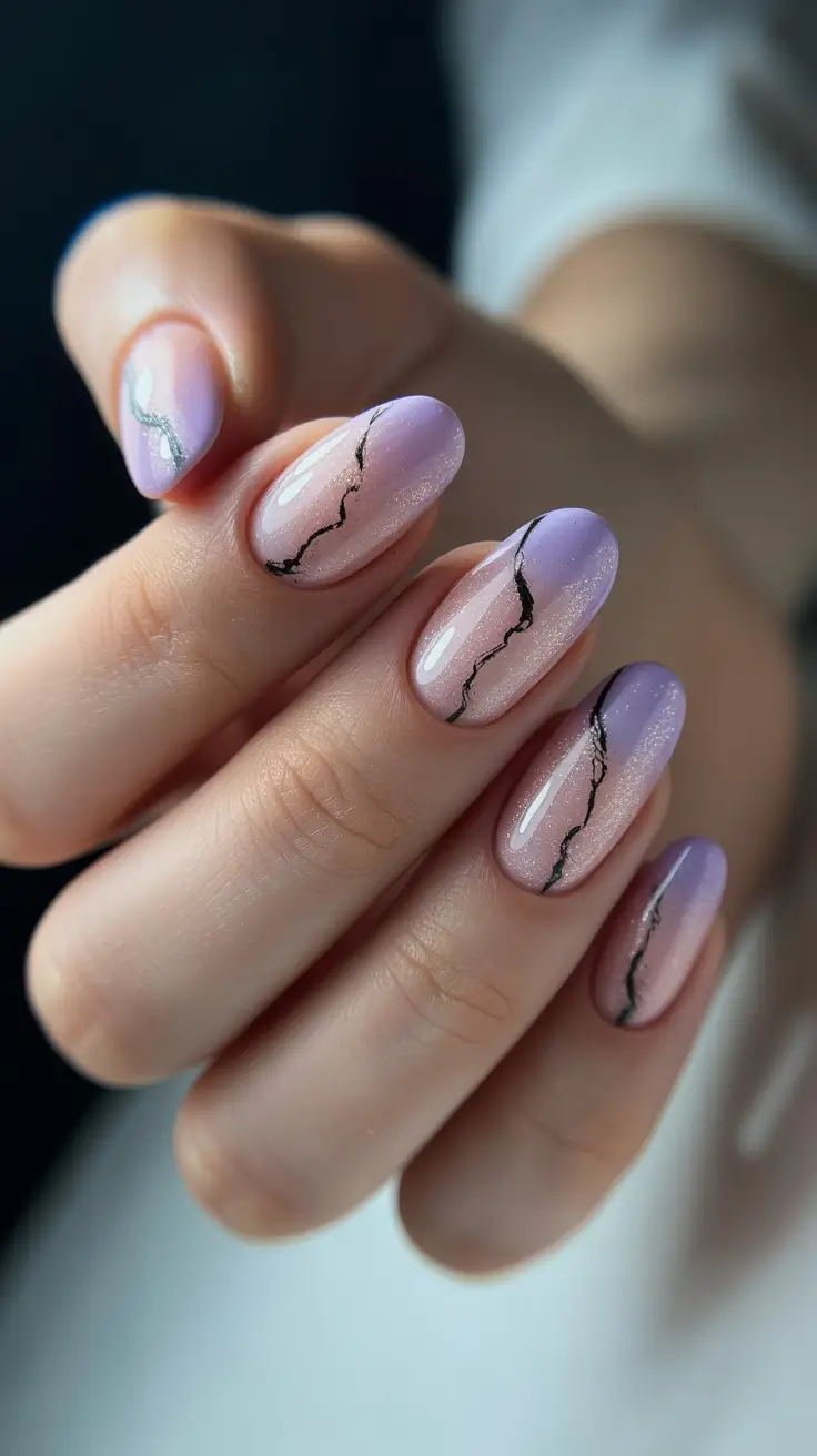 vacation nails trend 2026 Lavender Shimmer Almond Nails with Marble Veining