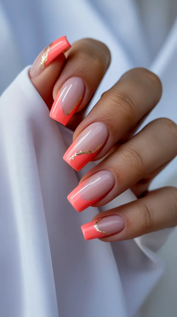 vacation nails trend 2026 Creamy Coral Square French with Gold Wave Details