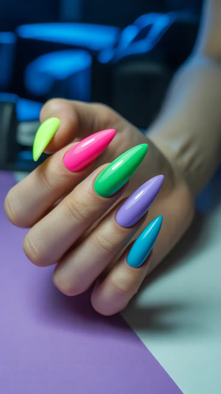vacation nails trend 2026 Neon Cocktail Almond Set for Bright Summer Energy