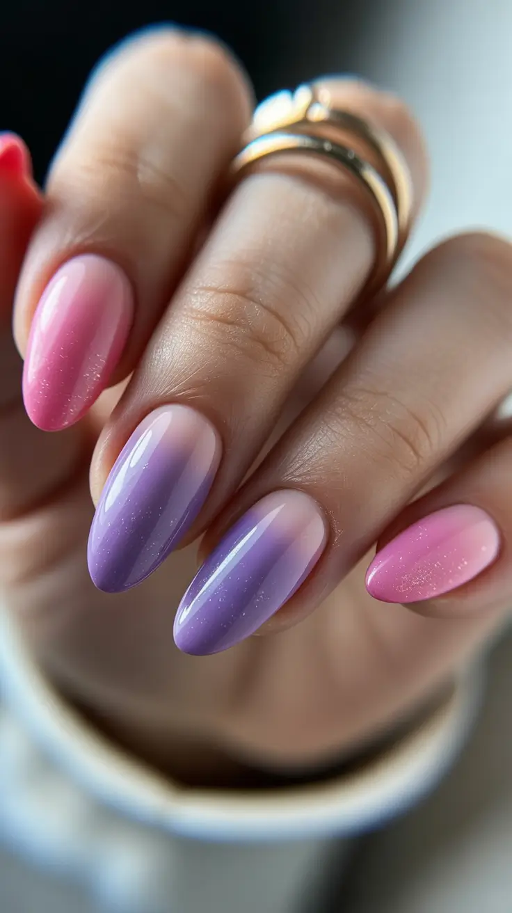 vacation nails trend 2026 Pink-to-Lilac Almond Gradient with Sparkle Dust