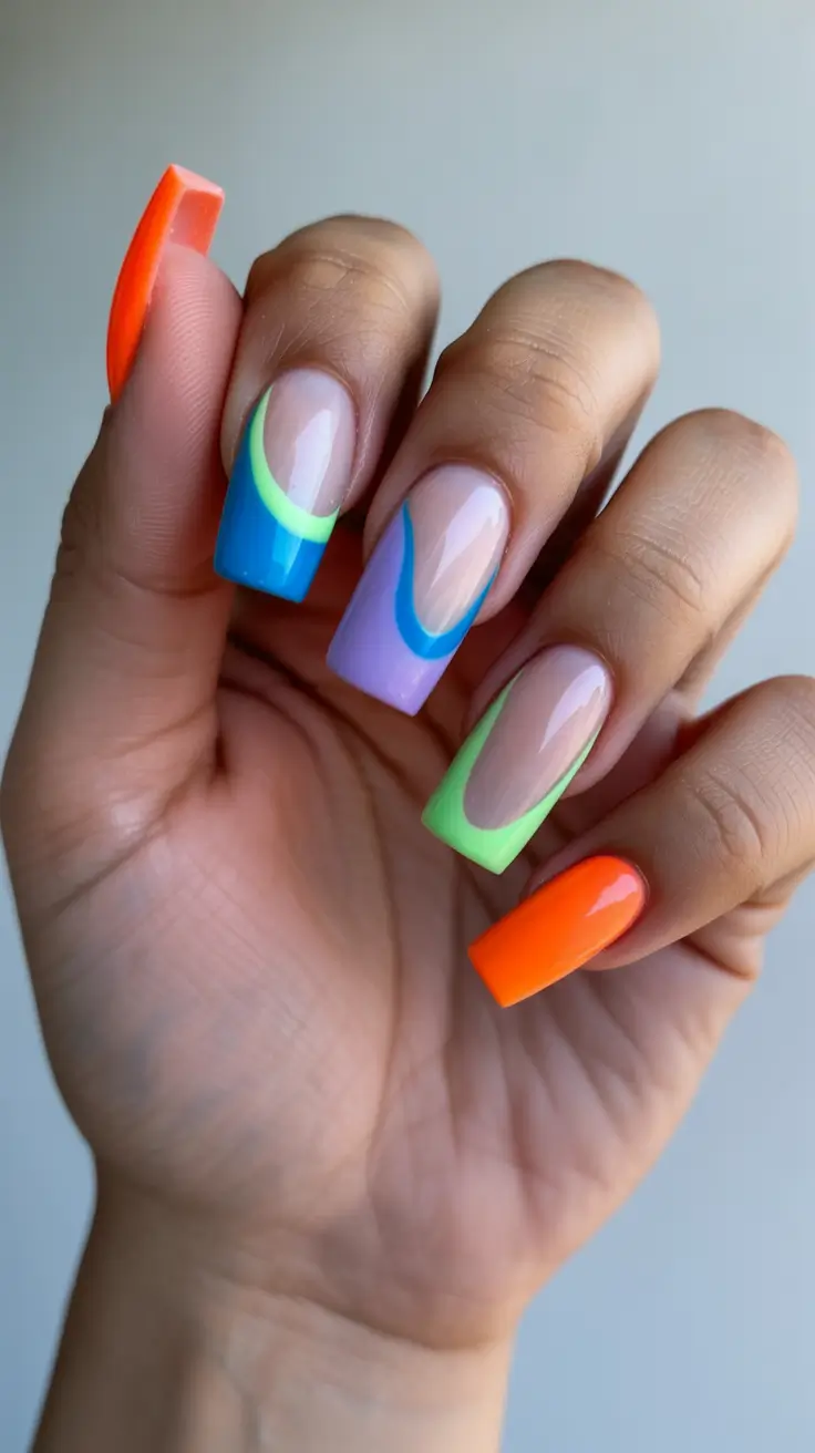 vacation nails trend 2026 Neon Wave Square Tips for Playful Tropical Energy