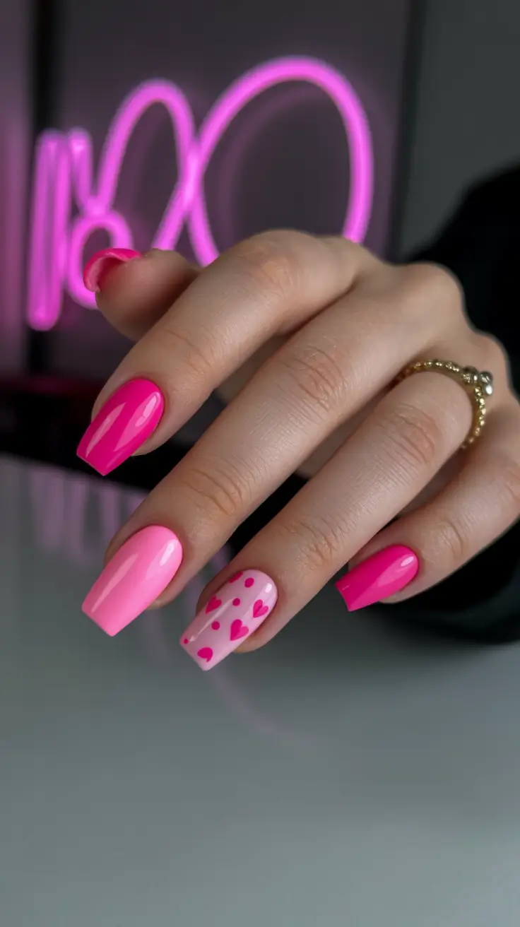 vacation nails trend 2026 Pink-Valentine Square Set with Cute Vacay Charm