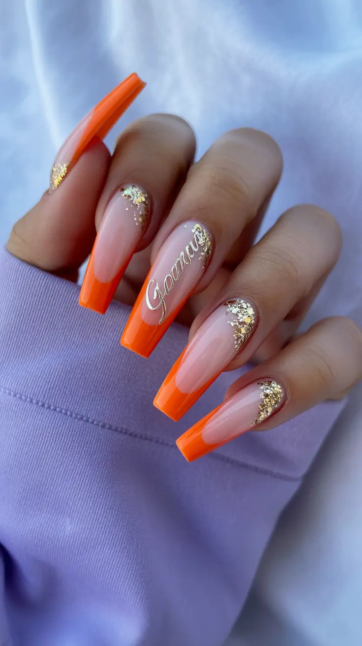 vacation nails trend 2026 Glazed Citrus French Coffin with Gold Accents