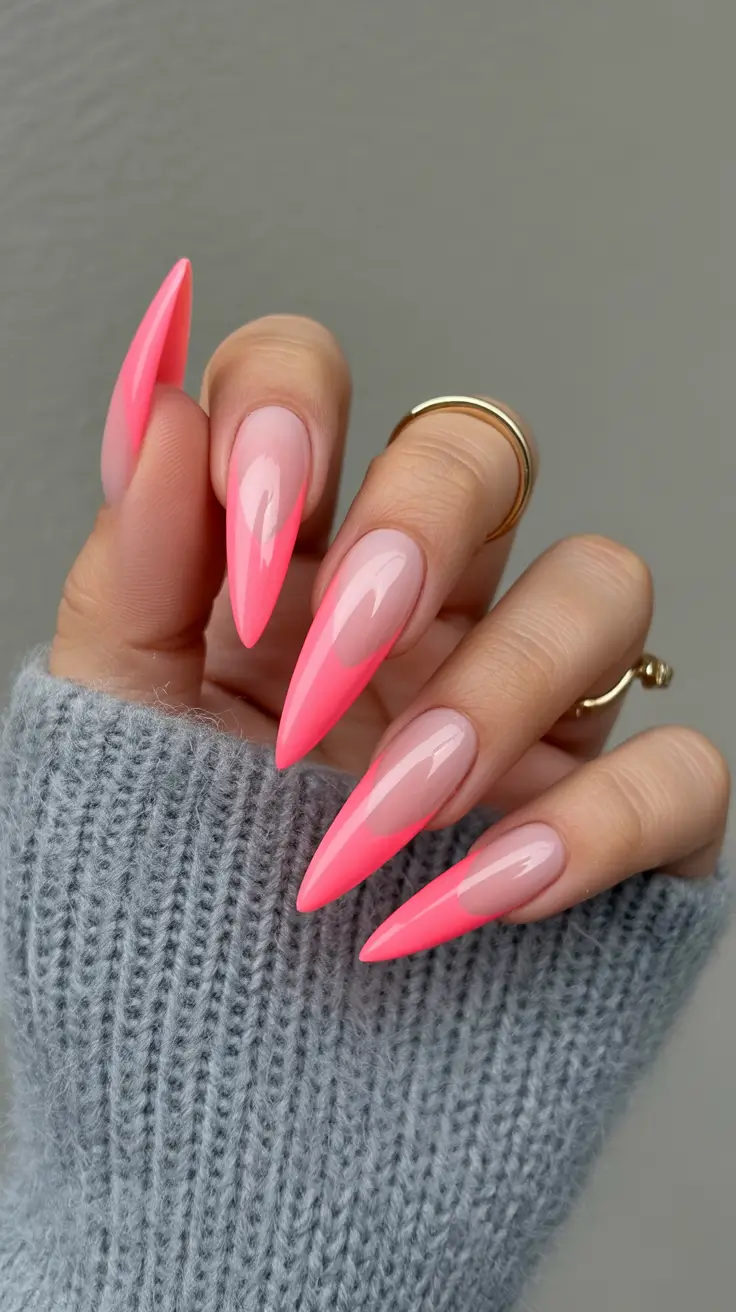 vacation nails trend 2026 Soft Neon Almond Fade for Bright Summer Adventures