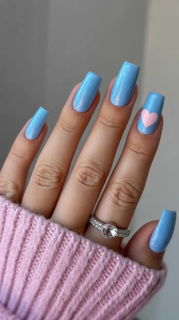 vacation nails trend 2026 Pastel Blue Square Nails with a Cute Heart Accent